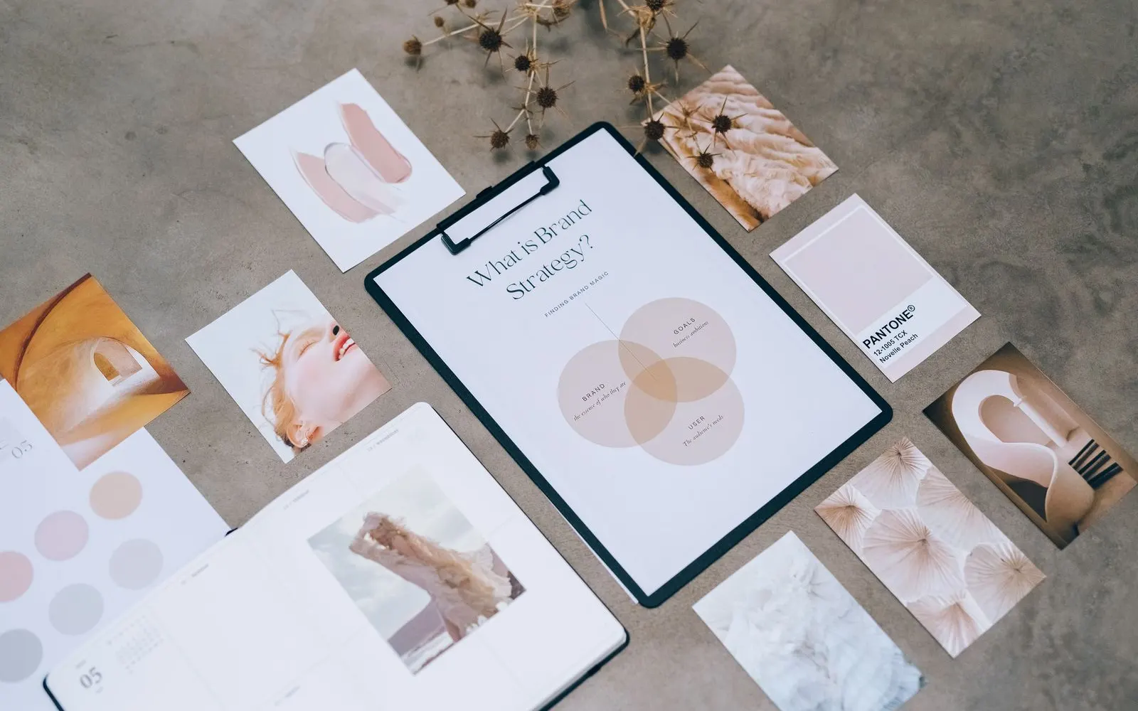 Brand strategy moodboard laid out on a desk