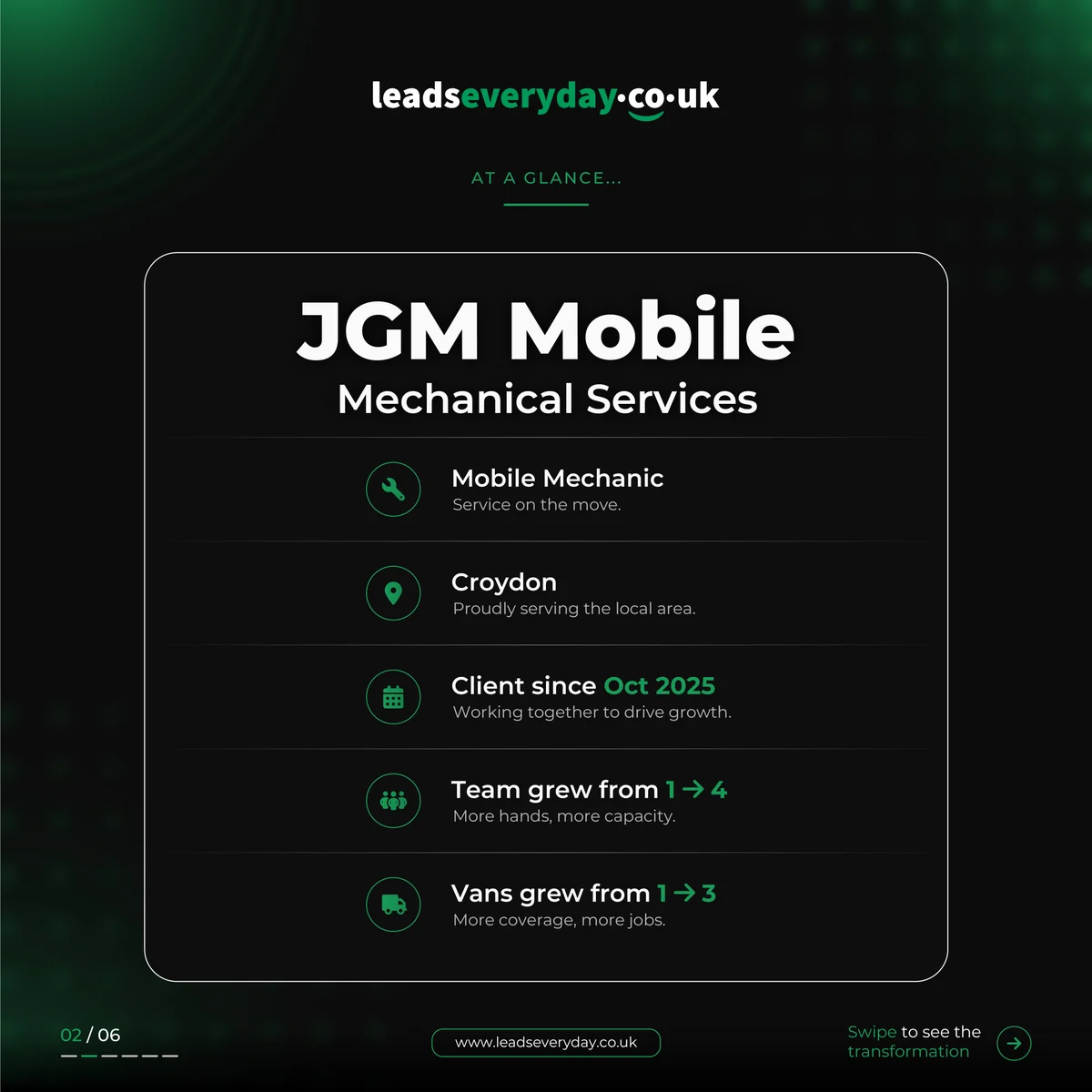 Leads Everyday client case study: jgm mobile mechanical, design 2